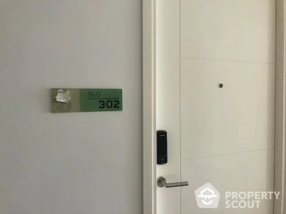 Modern apartment entrance with digital lock and room number 302