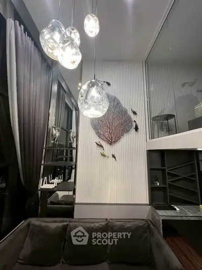 Luxurious modern living room with high ceilings and elegant lighting