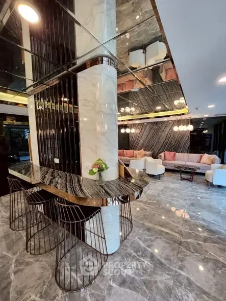 Luxurious modern living room with marble floors and stylish furniture