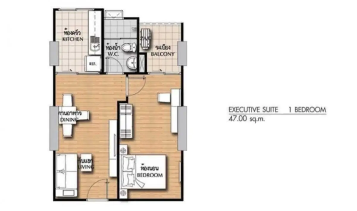 Executive suite floor plan with 1 bedroom, kitchen, living and dining area, and balcony.