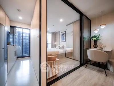 Modern apartment interior with stylish bedroom and cozy study area