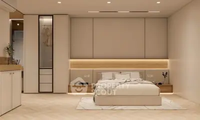 Luxurious modern bedroom with elegant lighting and minimalist design, perfect for relaxation and comfort.