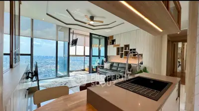 Luxurious modern living room with panoramic city view and stylish open kitchen design.