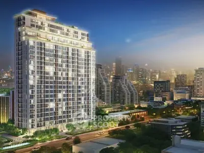 Stunning cityscape view of modern high-rise building at dusk with vibrant skyline.