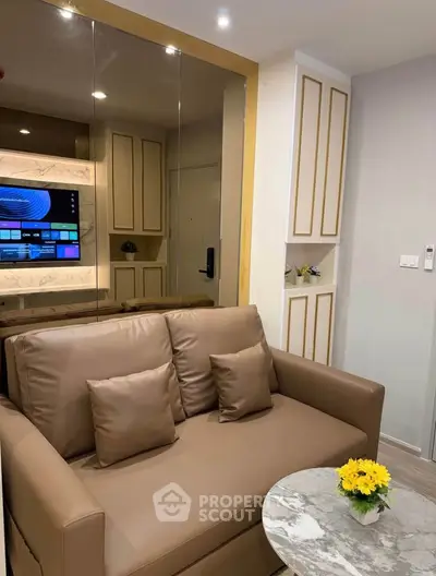 Stylish living room with modern decor and cozy brown sofa