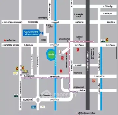 Detailed map showcasing prime real estate locations and routes in a bustling urban area.