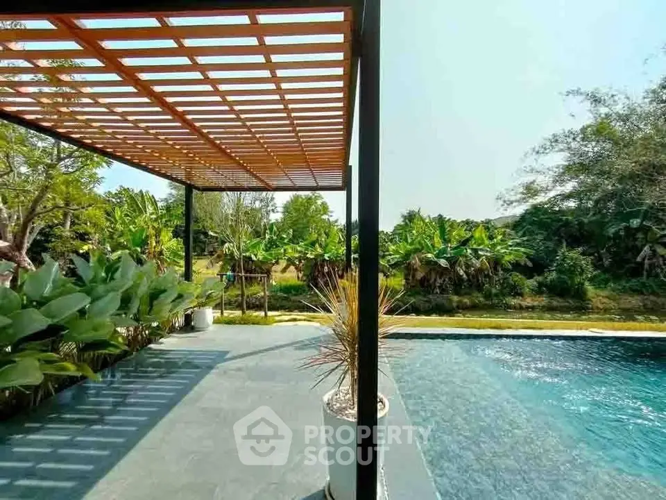 Stunning poolside view with lush greenery and modern pergola design.