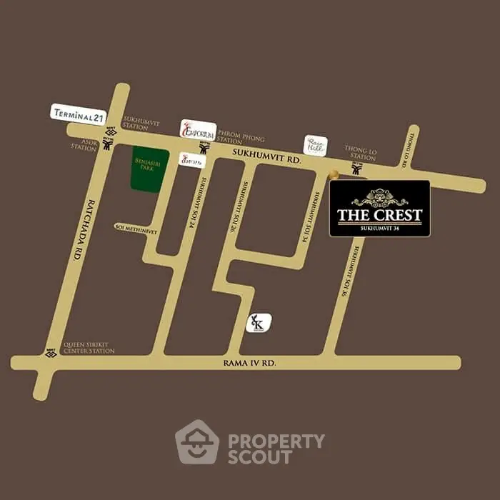 Map showing location of The Crest Sukhumvit 34 near major roads and landmarks.