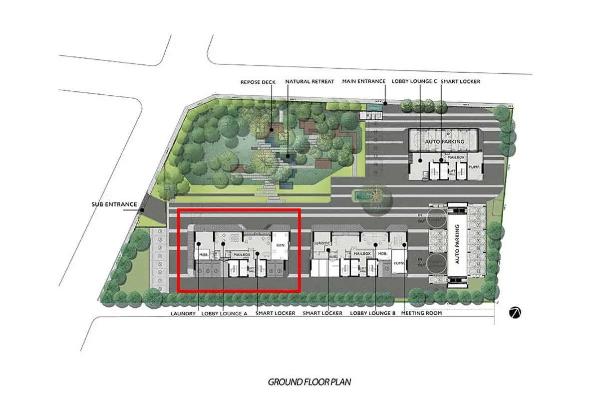 Ground floor plan of modern residential complex with amenities and parking layout.