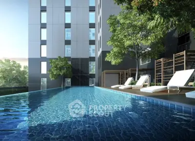 Luxurious apartment building with stunning poolside view and modern amenities.