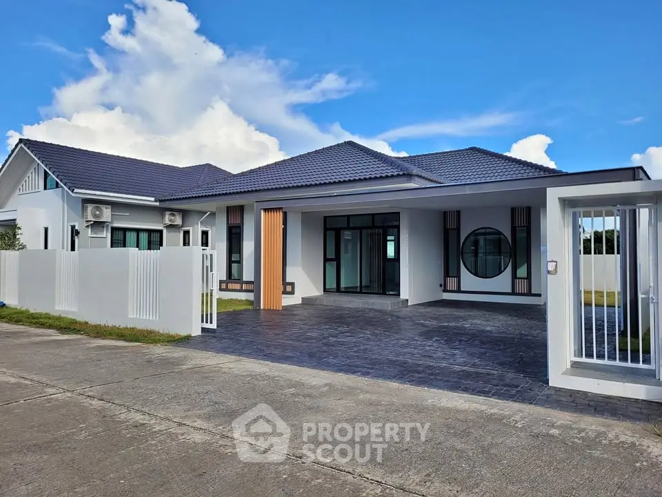 Modern single-story house with sleek design and spacious driveway