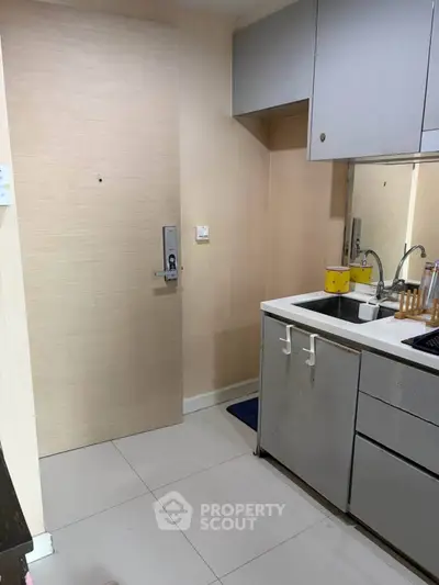 Compact kitchen with modern cabinetry and stainless steel sink in a cozy apartment.