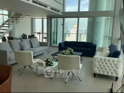 Luxurious high-rise living room with panoramic city views and elegant modern furniture.