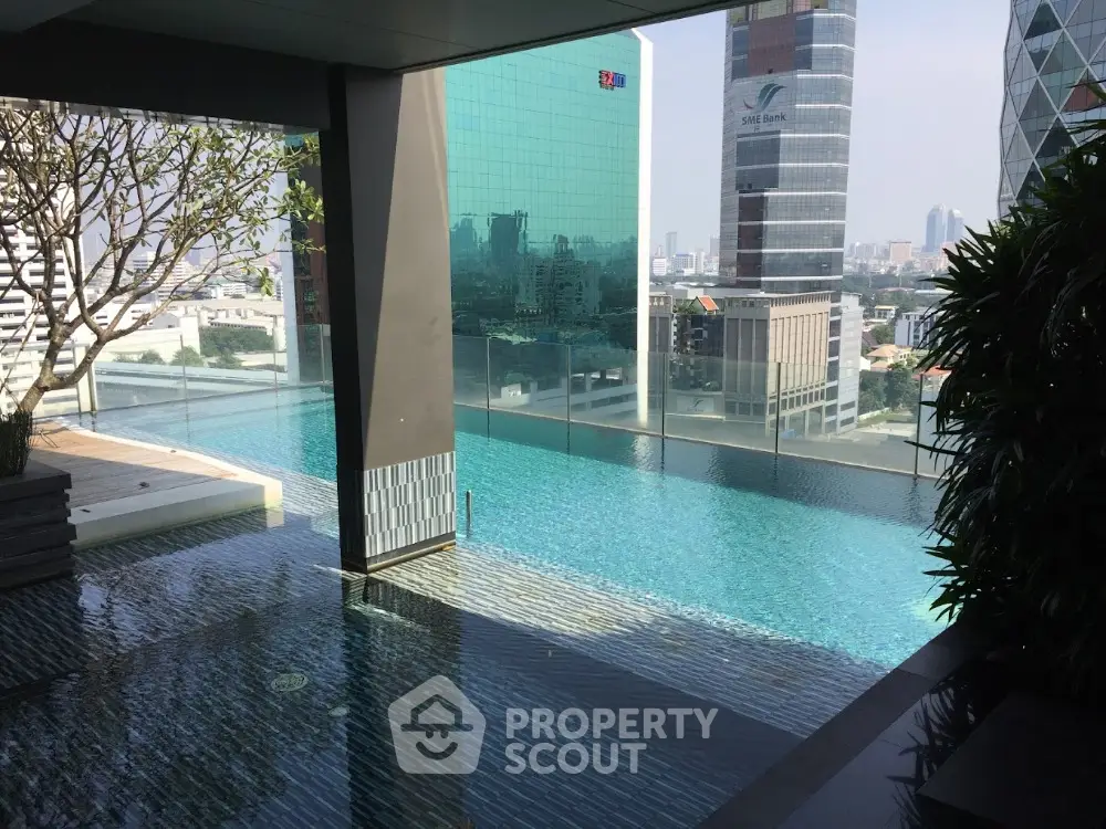 Luxurious rooftop pool with stunning cityscape views in modern high-rise building.