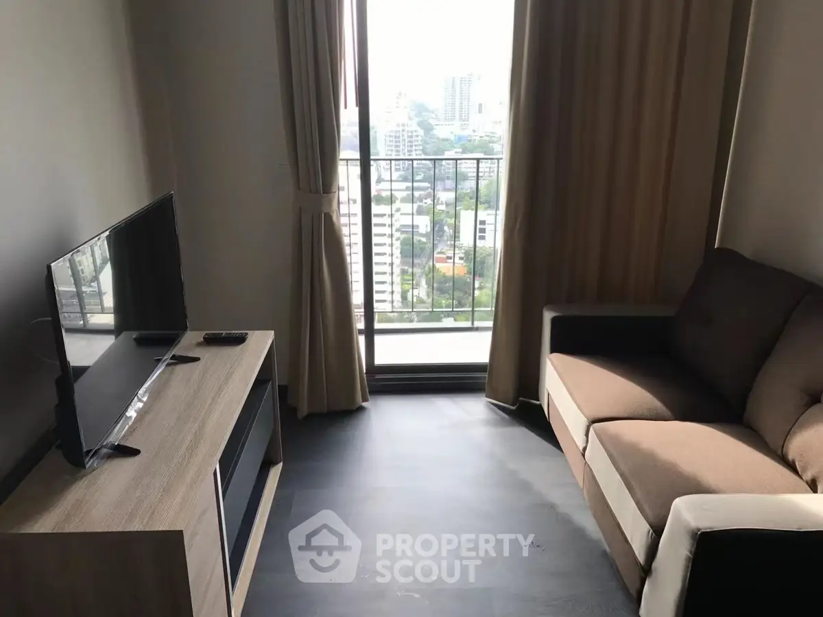 Cozy living room with city view and modern furnishings