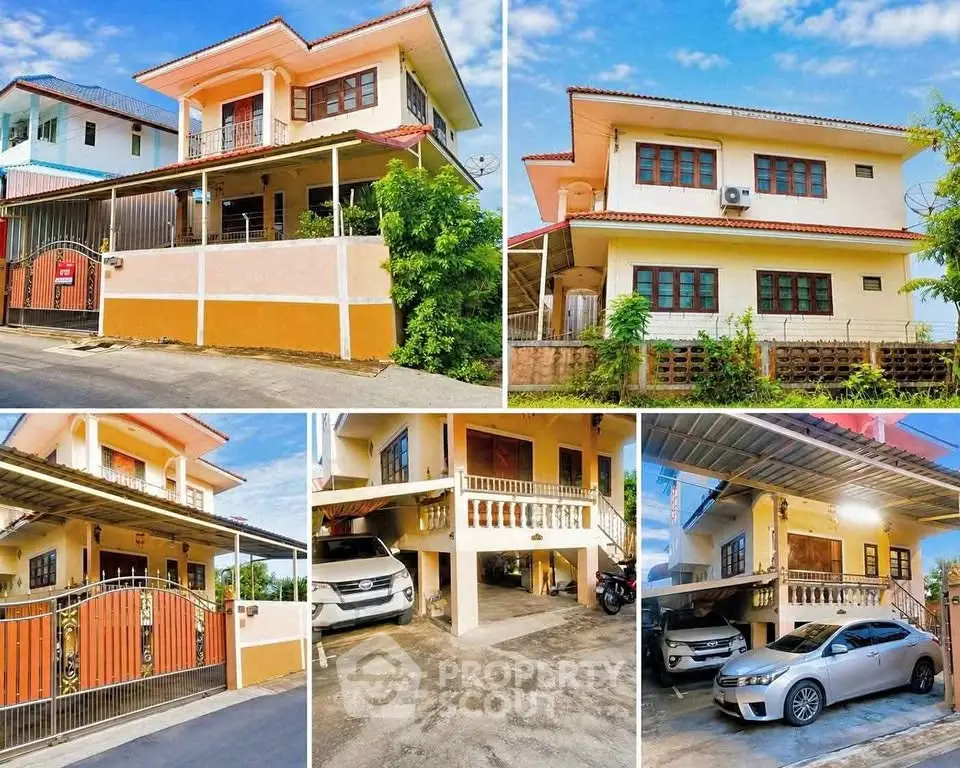 Spacious two-story house with multiple car parking and modern exterior design.