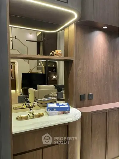 Luxurious modern living room with elegant wooden finishes and ambient lighting