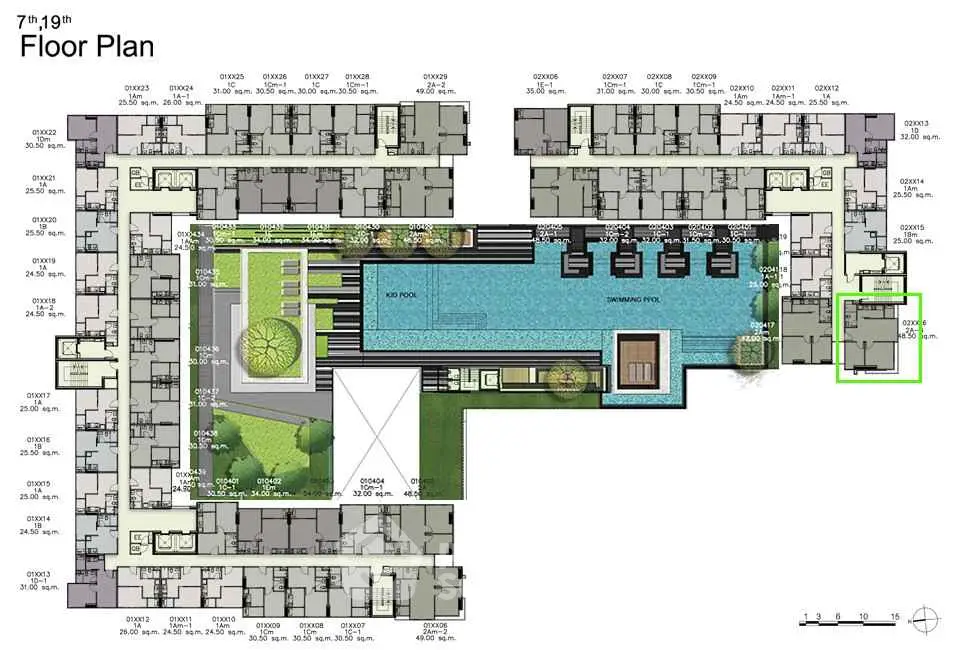 Detailed floor plan showcasing modern apartment layout with swimming pool and garden area.