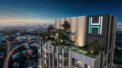 Stunning rooftop view of modern high-rise building with lush greenery and cityscape backdrop.