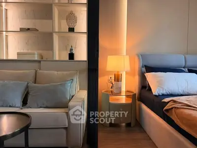 Stylish modern living room and bedroom with cozy lighting and elegant decor