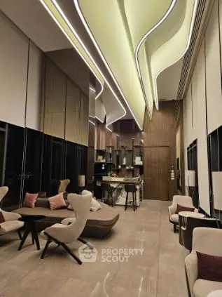 Luxurious modern living room with high ceilings and elegant lighting