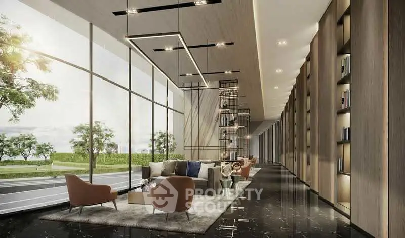 Luxurious modern living room with floor-to-ceiling windows and elegant furnishings.