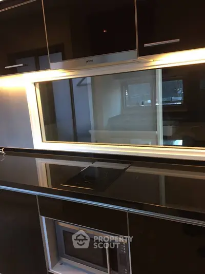 Modern kitchen with sleek black countertops and built-in appliances