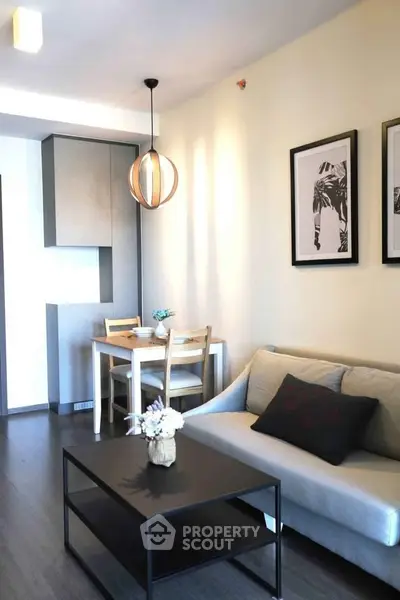 Modern living room with stylish decor and cozy seating area