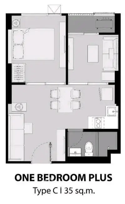 Modern one-bedroom plus floor plan with efficient layout, ideal for urban living.