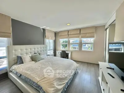 Spacious modern bedroom with large windows and stylish decor