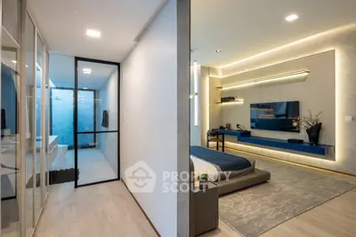 Modern bedroom with ensuite bathroom and sleek design features