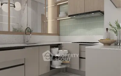 Modern kitchen with sleek cabinetry and corner storage solution