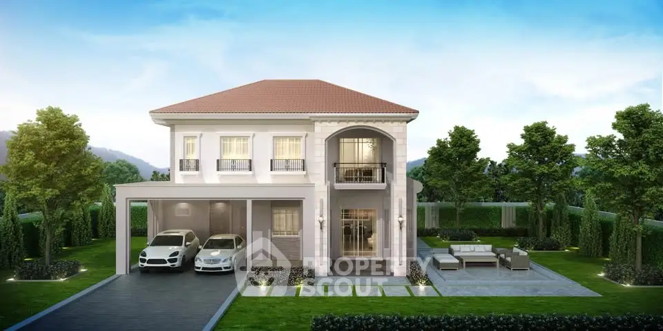 Luxurious two-story house with elegant facade and spacious driveway in serene green surroundings.
