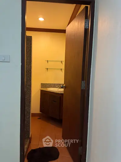 Cozy bathroom with wooden door and granite countertop in a modern apartment.