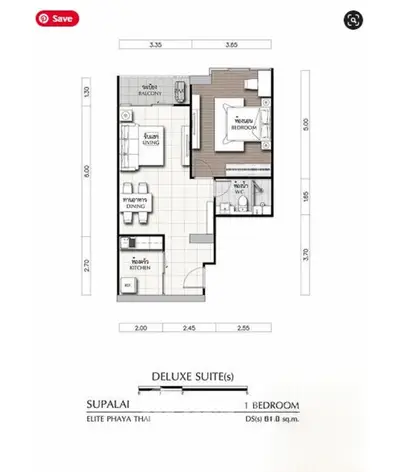 Deluxe suite floor plan with balcony and modern kitchen layout.