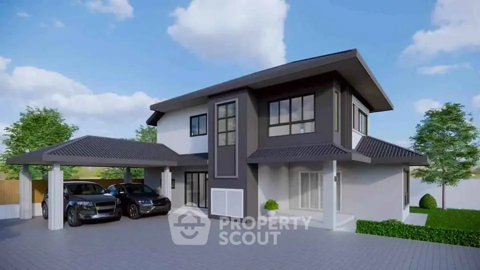 Modern two-story house with sleek design and spacious driveway