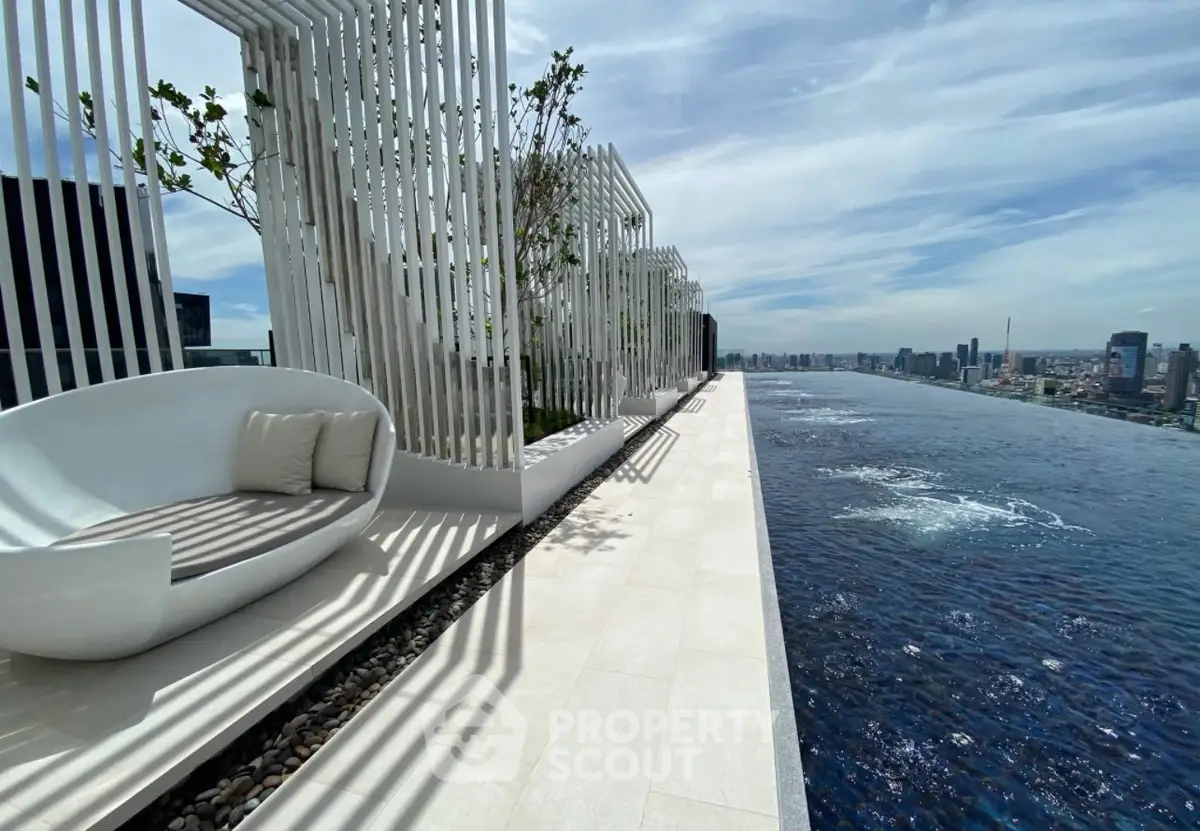 Luxurious rooftop infinity pool with stunning city skyline view.