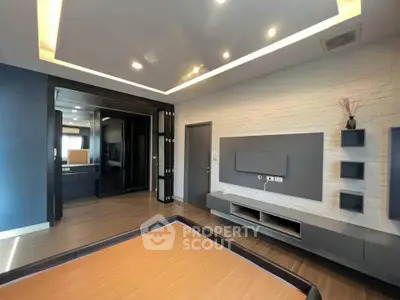 Modern living room with sleek design and built-in entertainment unit