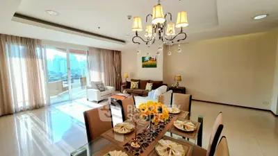 Luxurious living room with elegant dining area and stunning city view