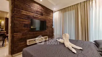 Luxurious bedroom with rustic wood accent wall and modern decor