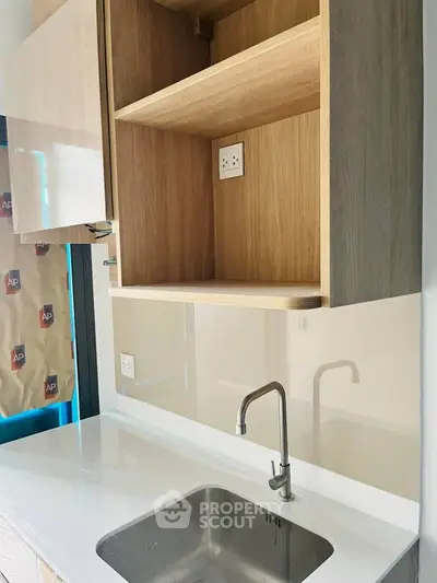 Modern kitchen with sleek sink and open wooden cabinets