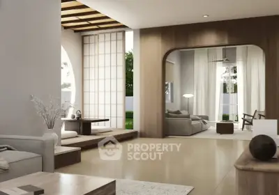 Luxurious open-plan living room with modern decor and large windows offering garden views.