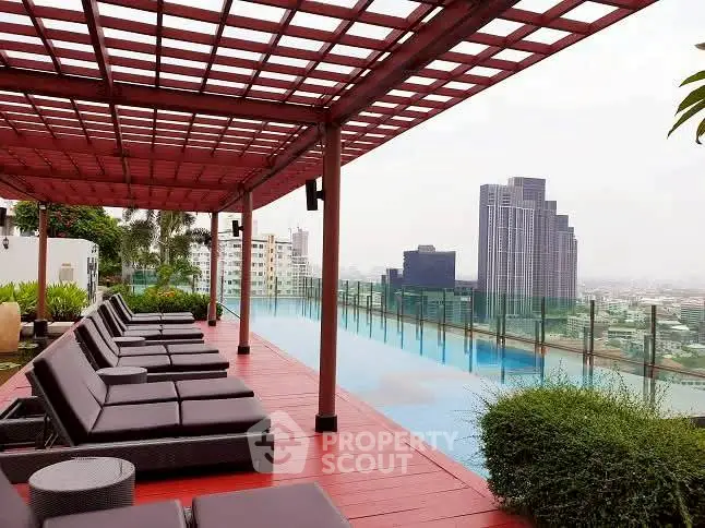 Luxurious rooftop pool with city skyline view and stylish lounge area.