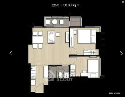 Modern apartment floor plan with two bedrooms and open living area, 50 square meters.