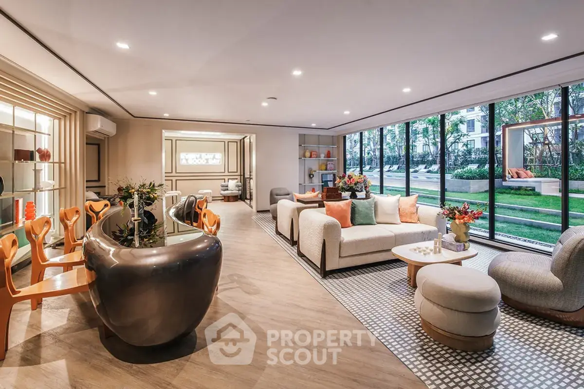 Luxurious modern living room with elegant decor and garden view, perfect for sophisticated urban living.