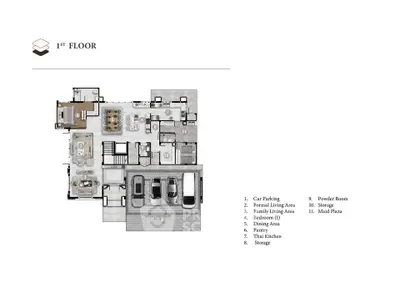 First floor plan with car parking, living areas, dining, kitchen, and storage.