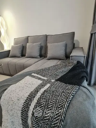 Modern living room with stylish gray sofa and cozy throw blanket