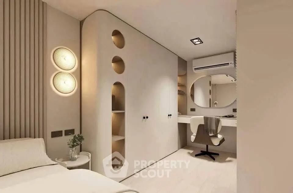Modern bedroom with stylish decor and built-in storage