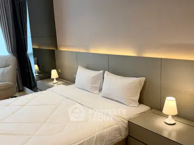 Luxurious bedroom with modern design and ambient lighting