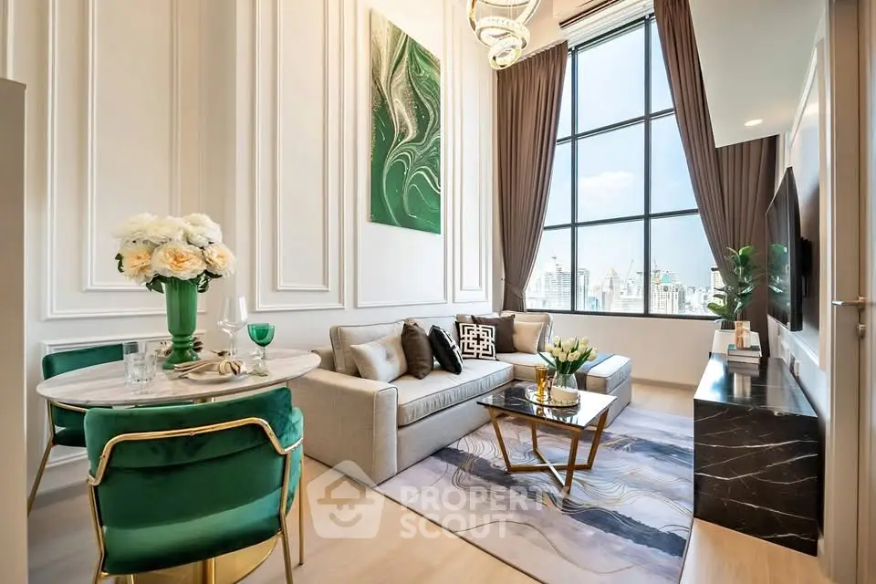 Luxurious high-ceiling living room with elegant decor and city view